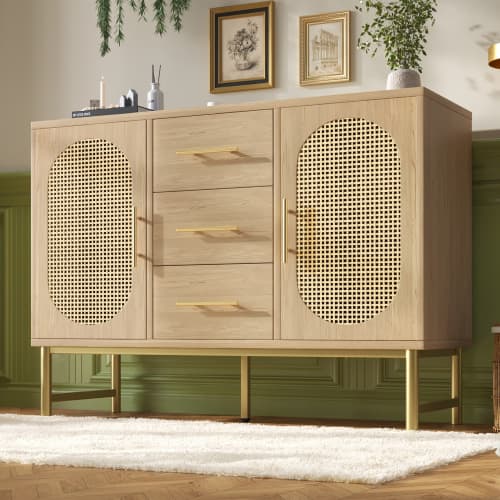 Oak Effect Rattan Sideboard with Ample Storage