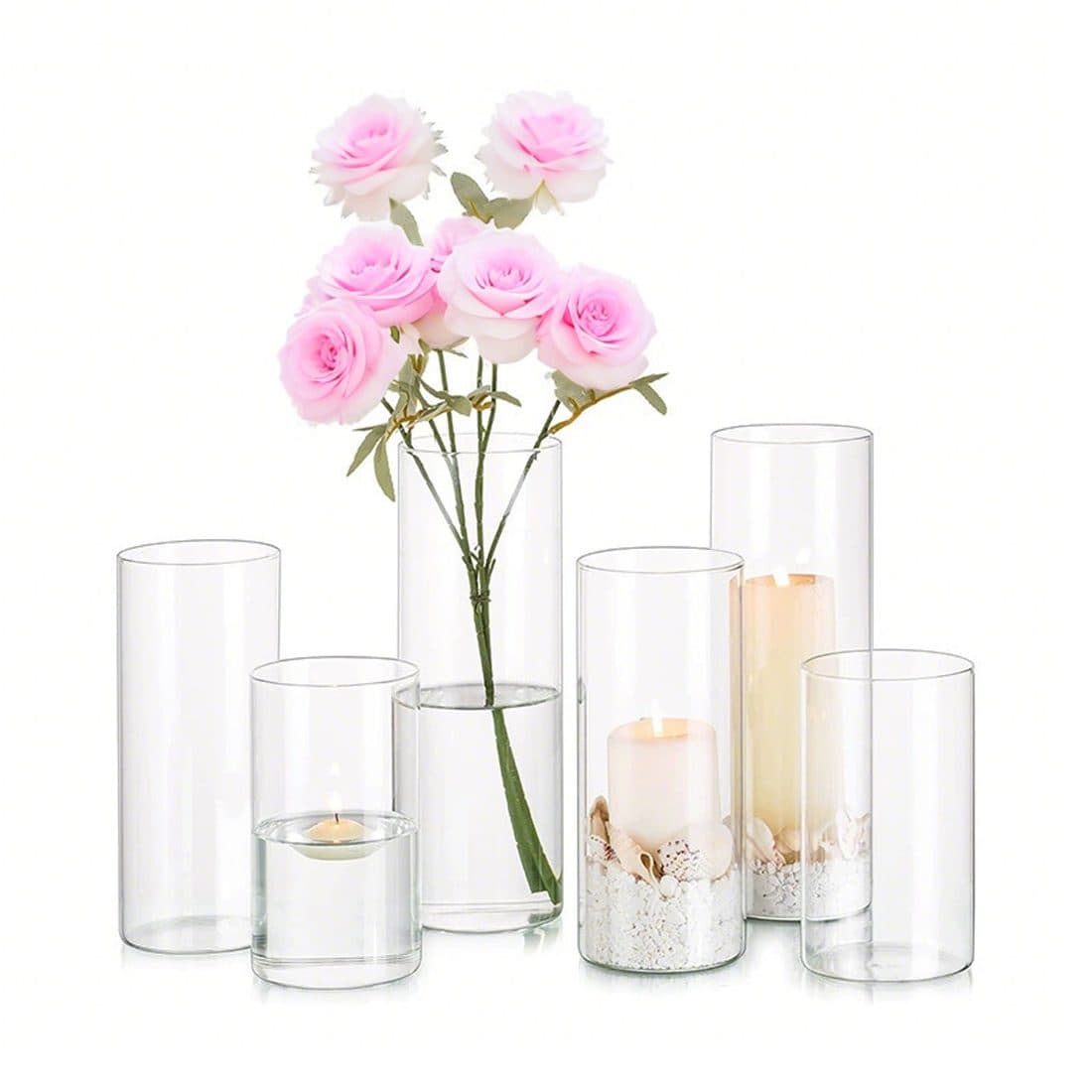 Set of 6 Clear Glass Cylinder Candle Holders in Three Heights - image 4