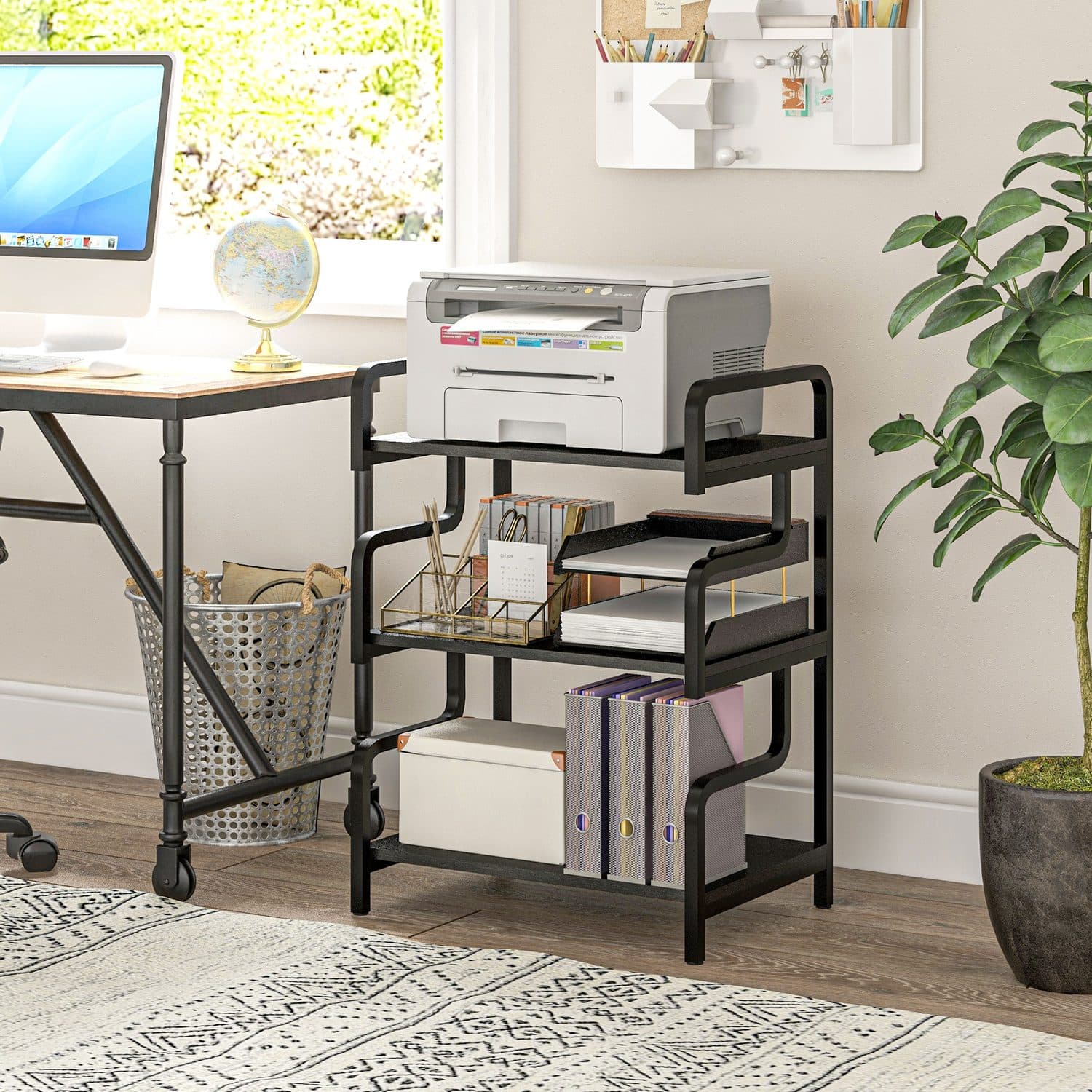 Three-Shelf Black Printer Stand with Waved Metal Frame - image 4