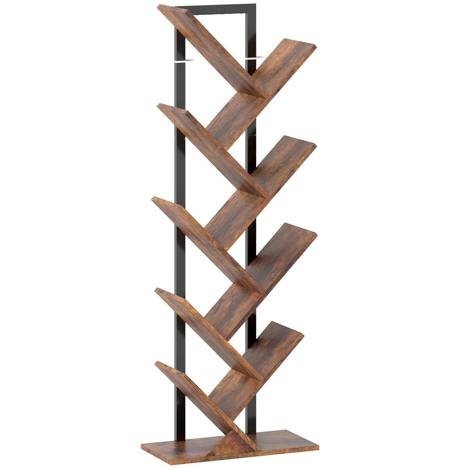 Tree-Style Bookcase — 8 Shelves, Rustic Wood-Effect