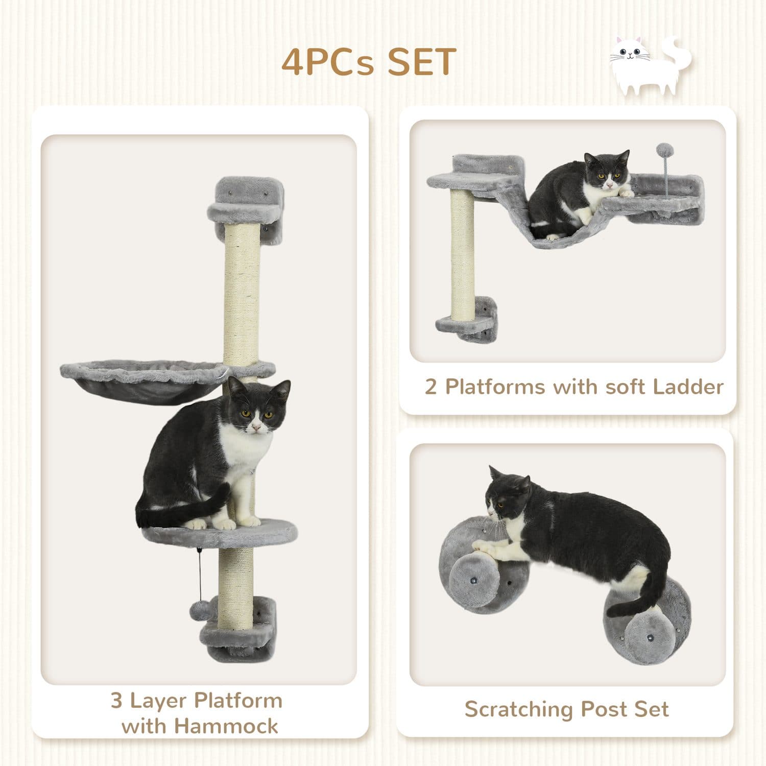 Wall-Mounted Cat Set with Hammock, Perches and Scratching Posts - image 3