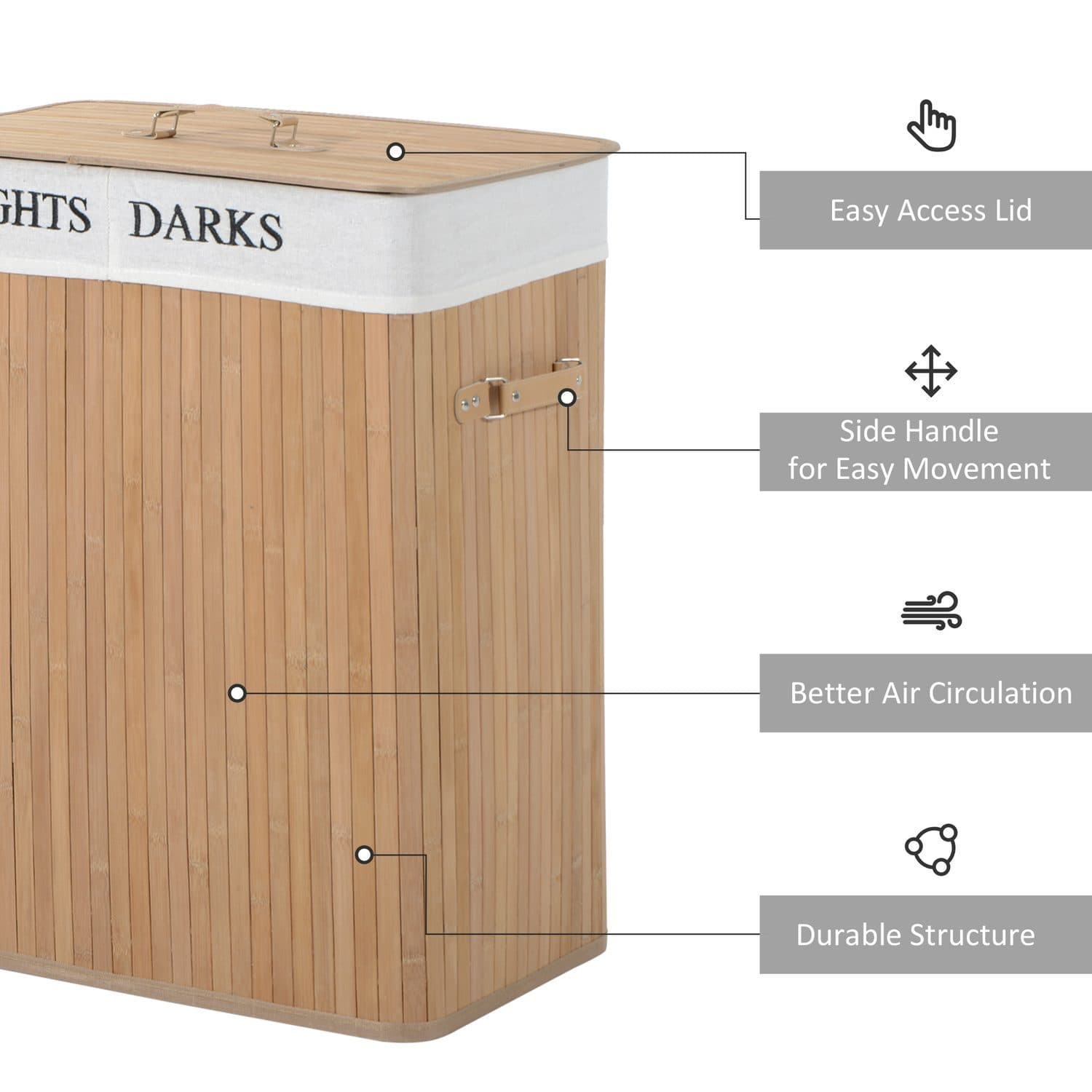 Natural Wood Double Laundry Hamper, 100L - image 3