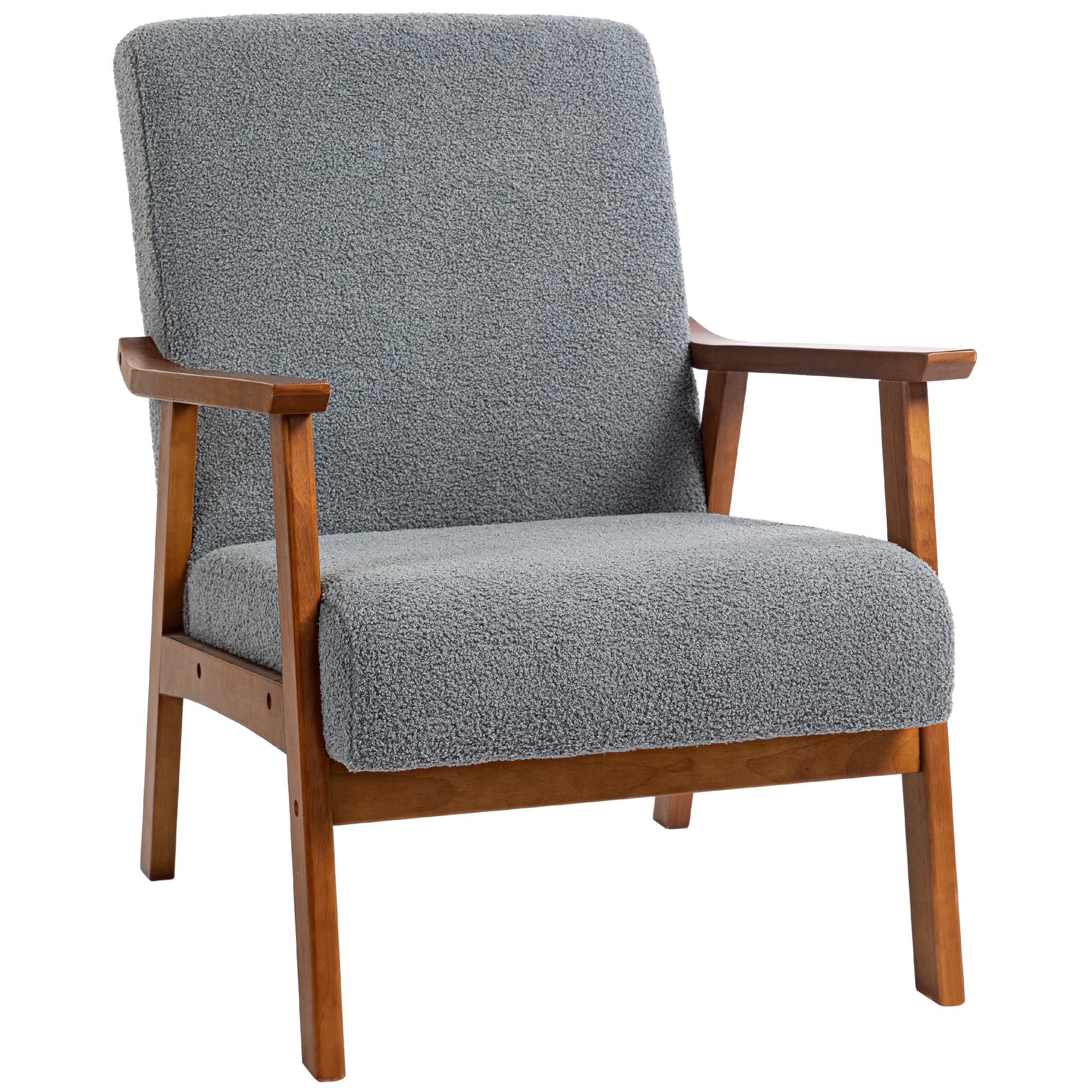 Grey Boucle Accent Chair with Solid Wooden Frame