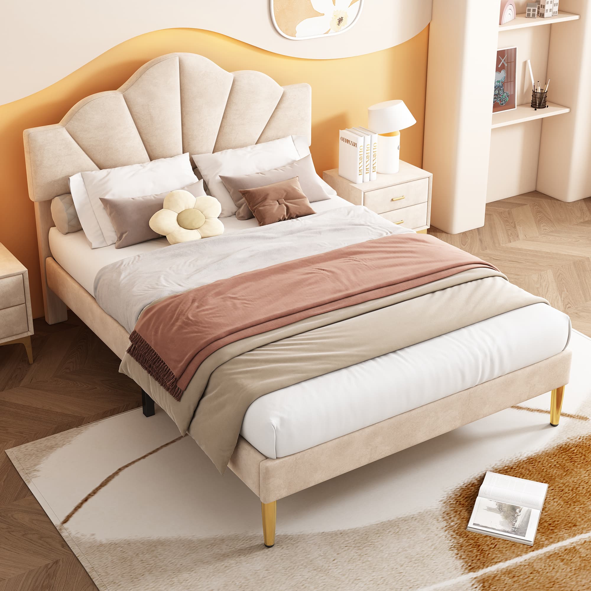 Velvet Upholstered Double Bed with Shell Headboard in Beige (4ft6) - image 5