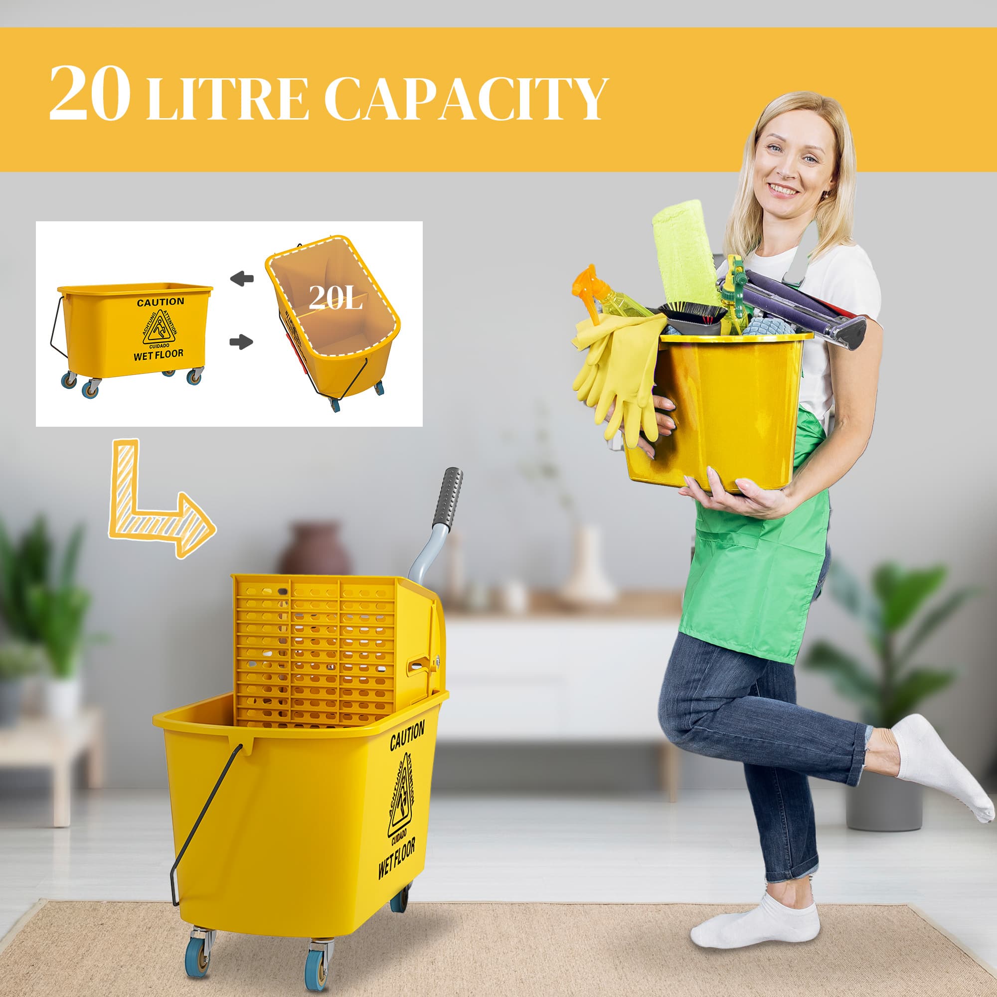 20L Mop Bucket with Side Wringer, Wheels, and Mop Included - image 4