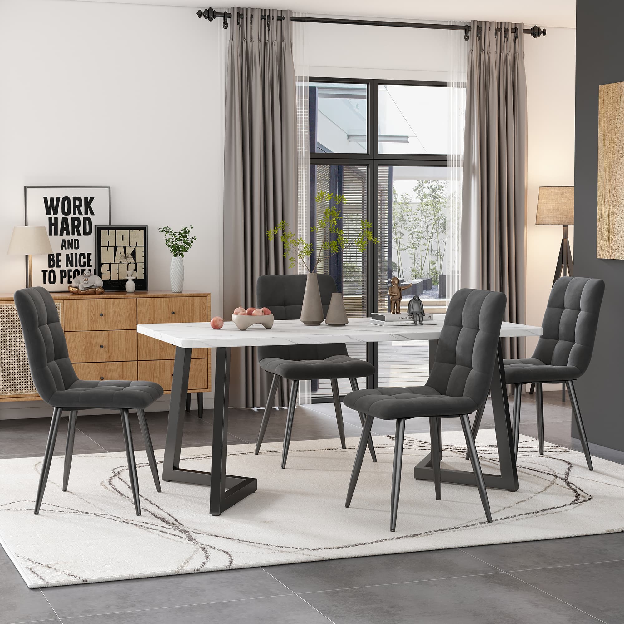 Modern 117cm Dining Table Set with 4 Dark Grey Velvet Chairs