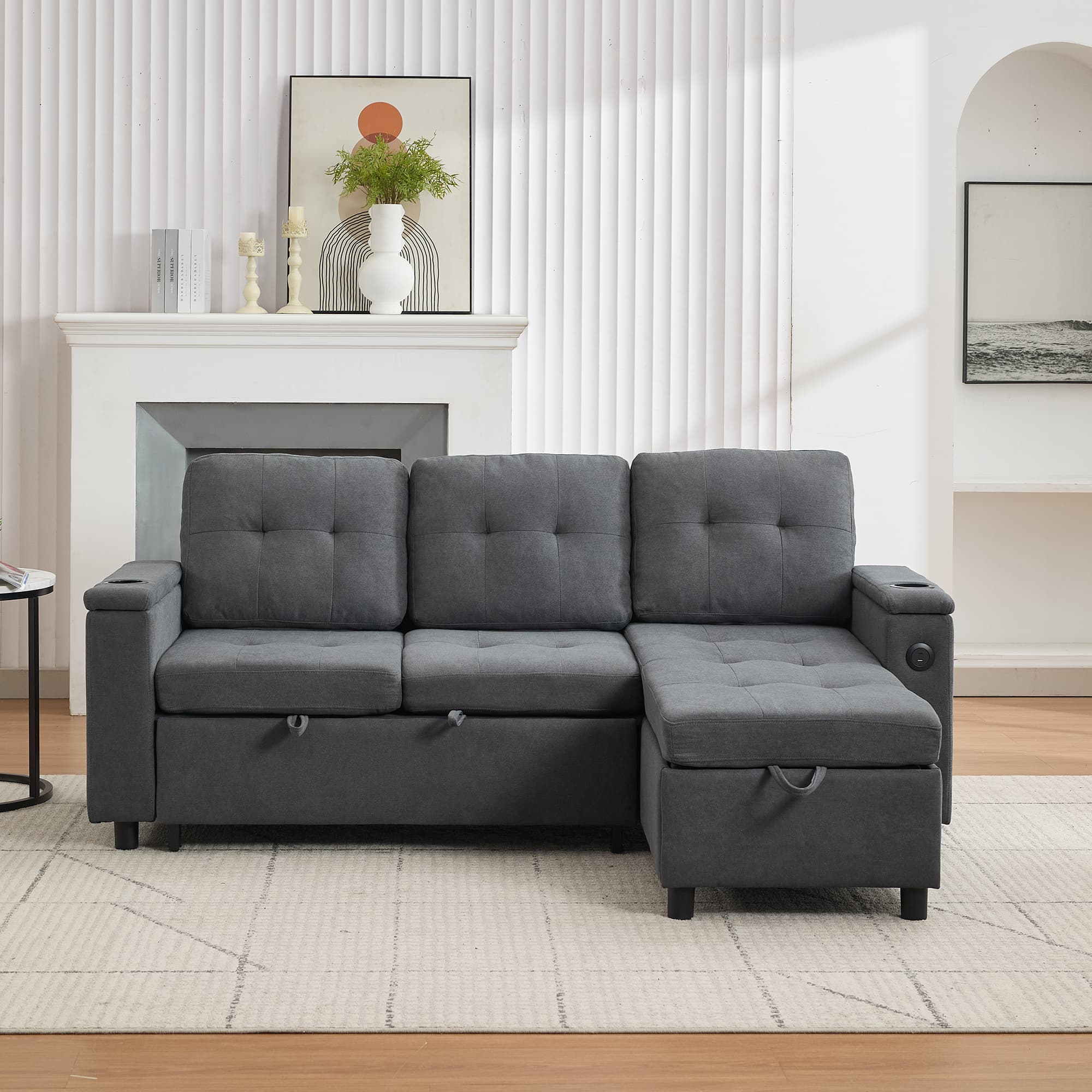 Grey 3-Seater L-Shaped Sofa Bed with Storage, USB Ports & LED - image 3