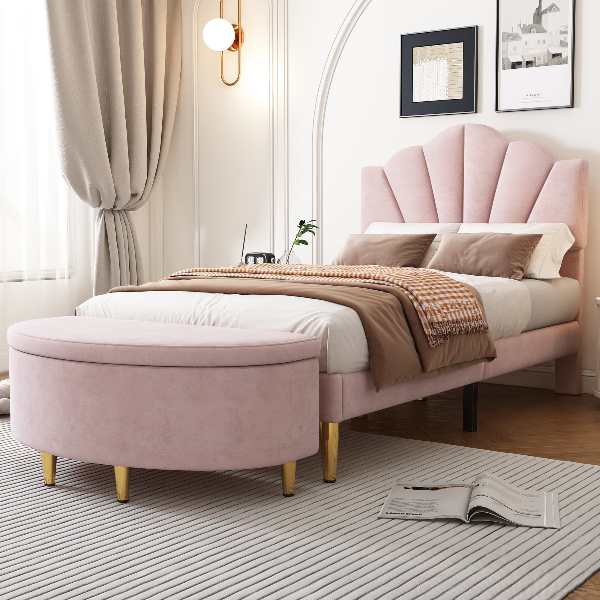 Velvet Shell Bed with Matching Storage Bench in Pink - Pink