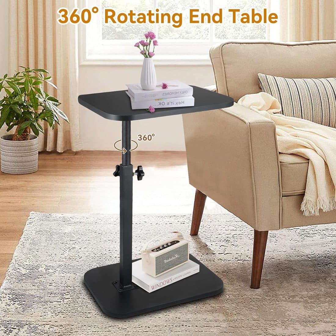 Black Rotating C-Shaped End Table for Sofa and Bedroom - Black