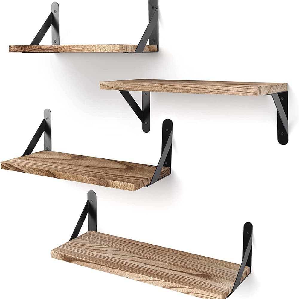 Four Wall-Mounted Floating Shelves with Black Metal Brackets - Default