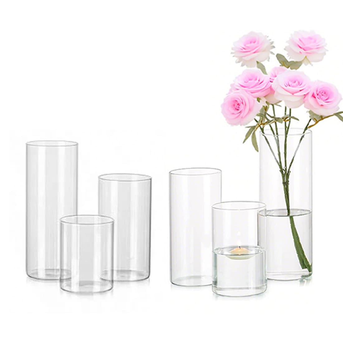 Set of 6 Clear Glass Cylinder Candle Holders in Three Heights - image 8