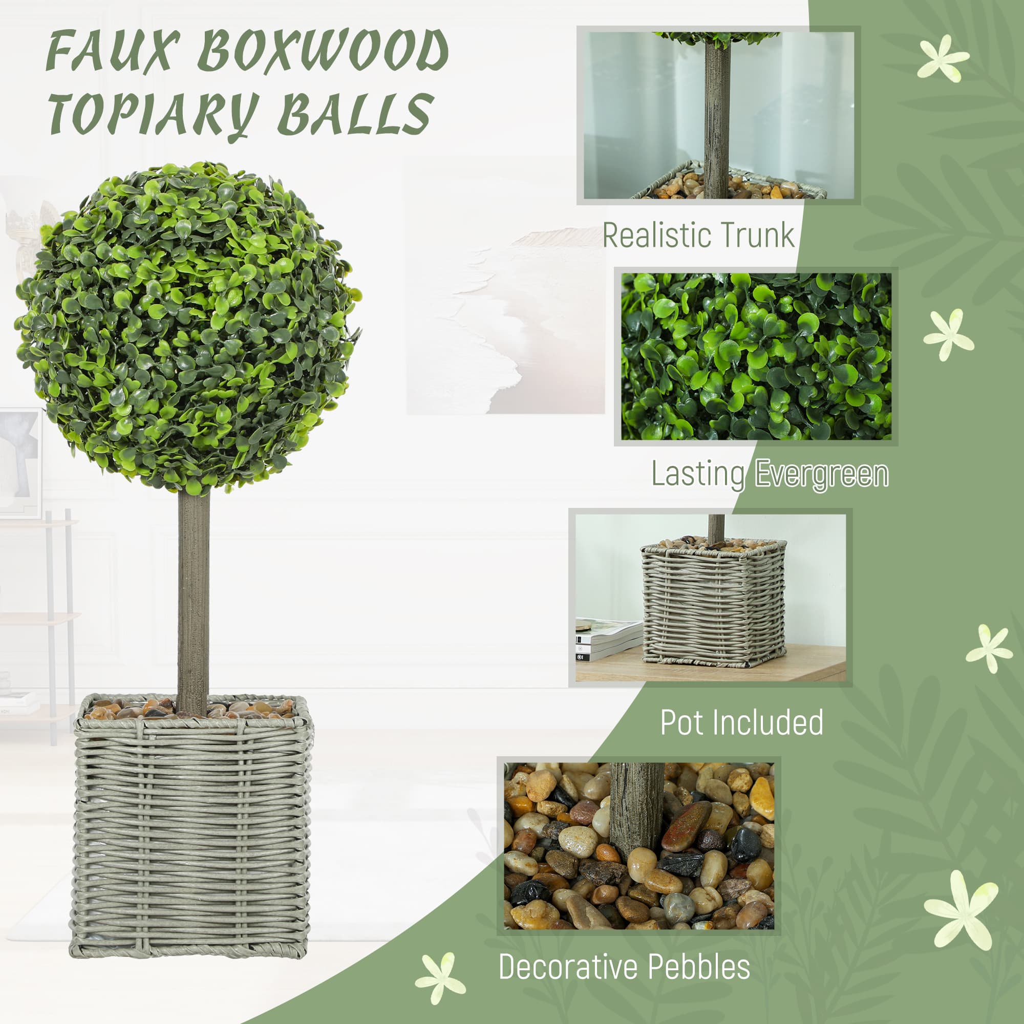 Two Faux Boxwood Topiary Balls in Woven Pots — Ready to Display - image 3