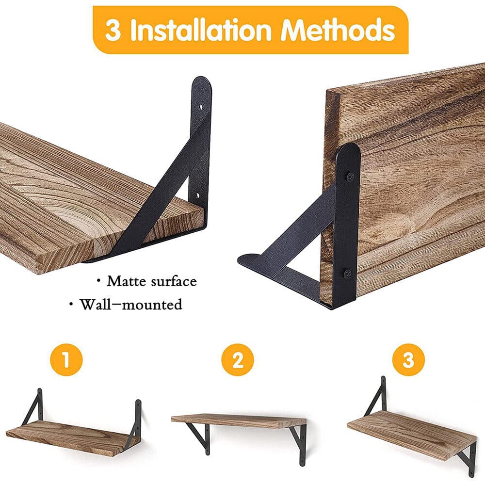 Four Wall-Mounted Floating Shelves with Black Metal Brackets - image 2