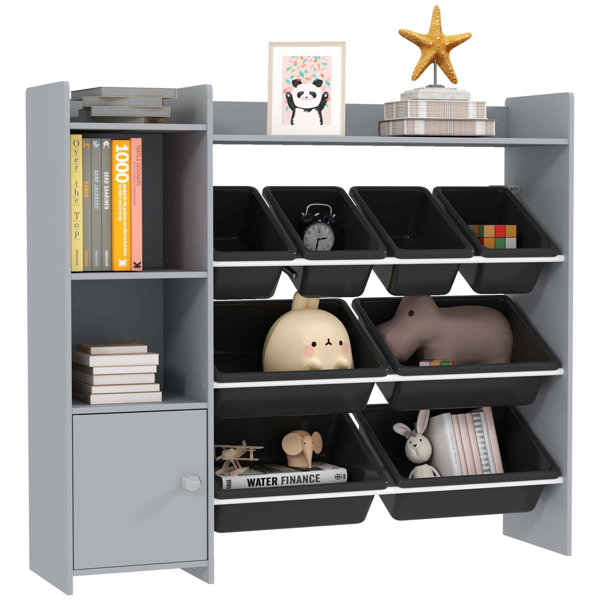 Grey toy storage unit with eight removable plastic bins, child-height tiered design