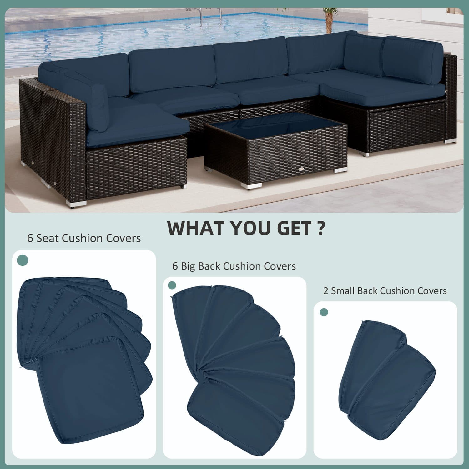 Set of 14 Navy Blue Outdoor Cushion Covers with Zip Fastenings - image 2