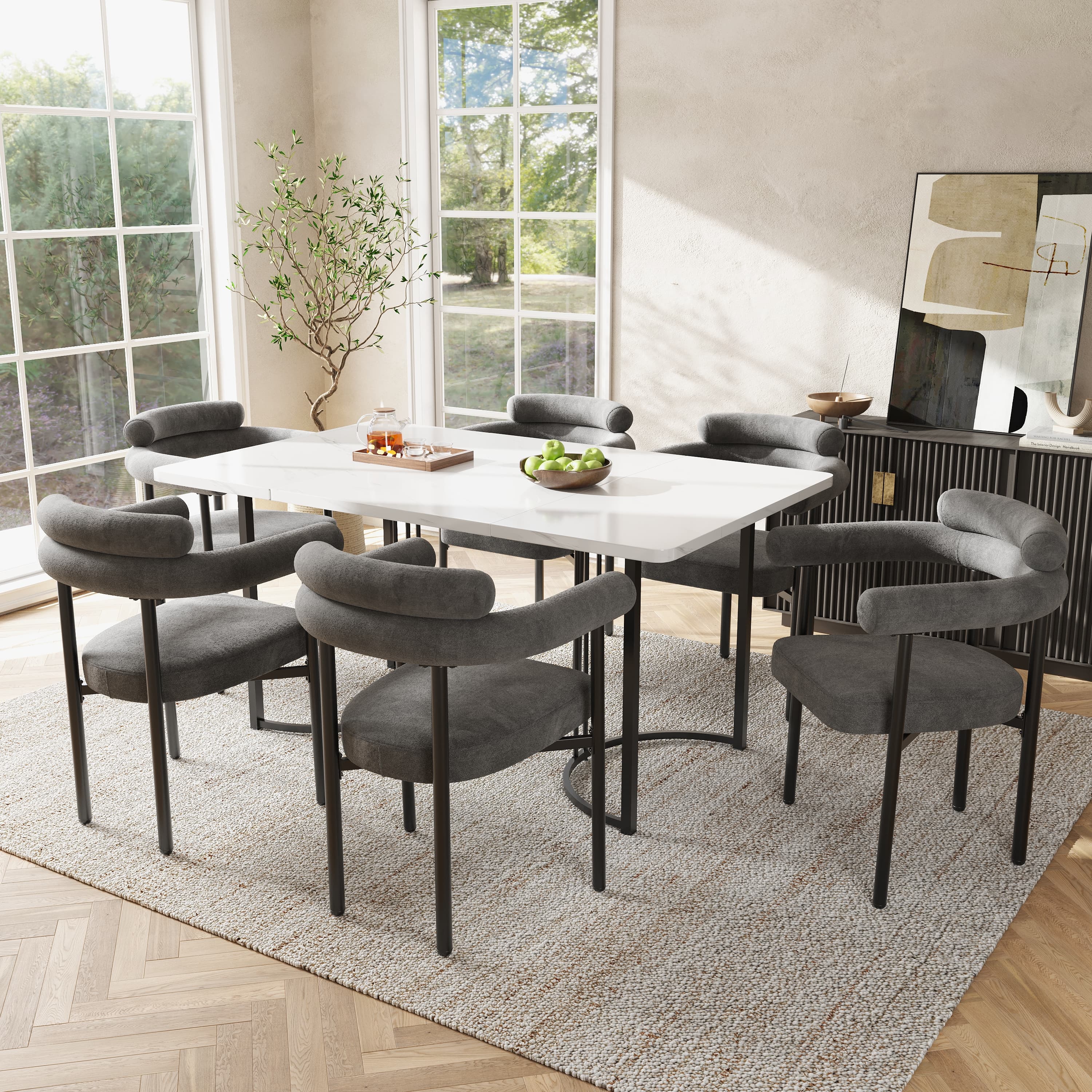 Set of 6 Upholstered Velvet Dining Armchairs in Grey