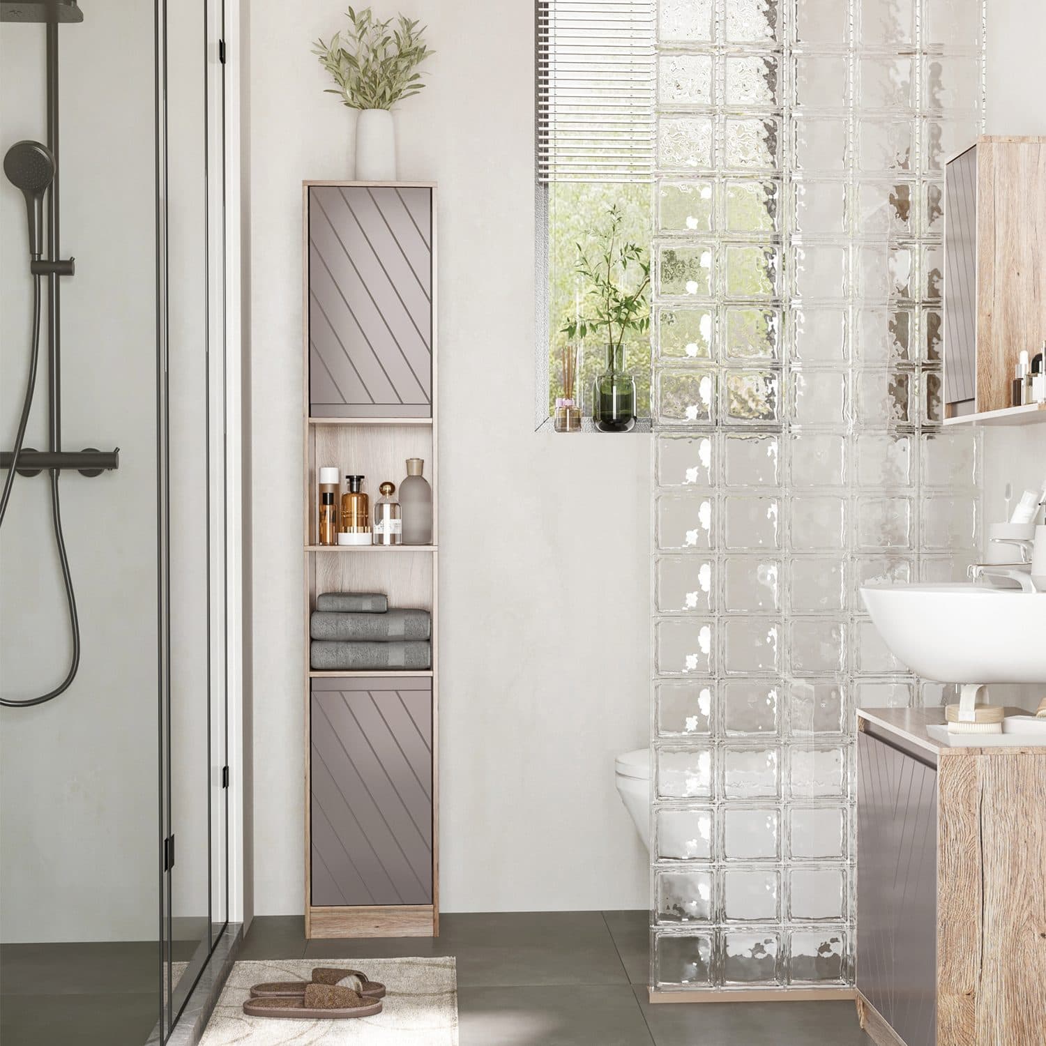 Slim Grey & Oak Bathroom Cabinet - image 5