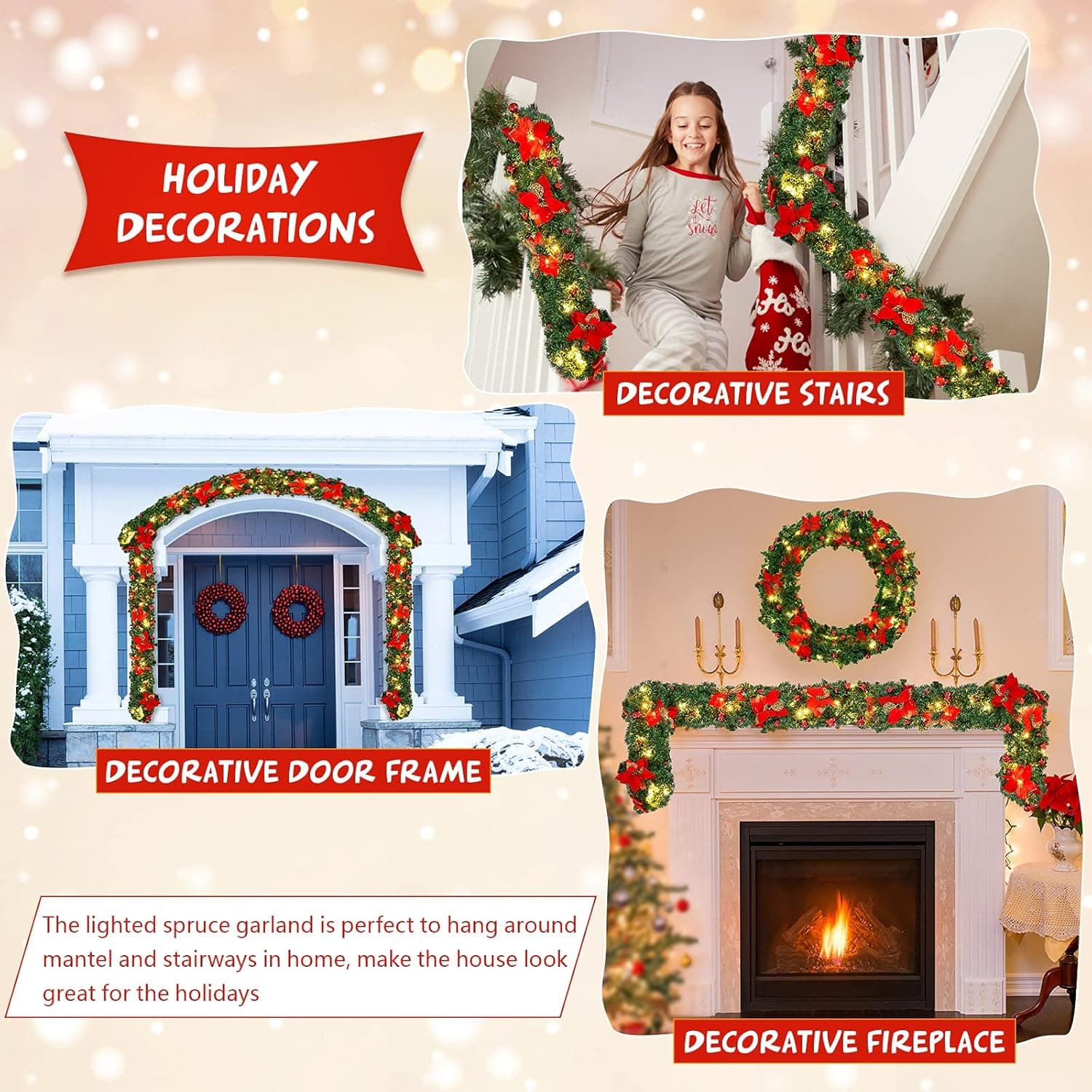 9 ft Christmas Garland with Red Poinsettias and Warm White LEDs - image 7