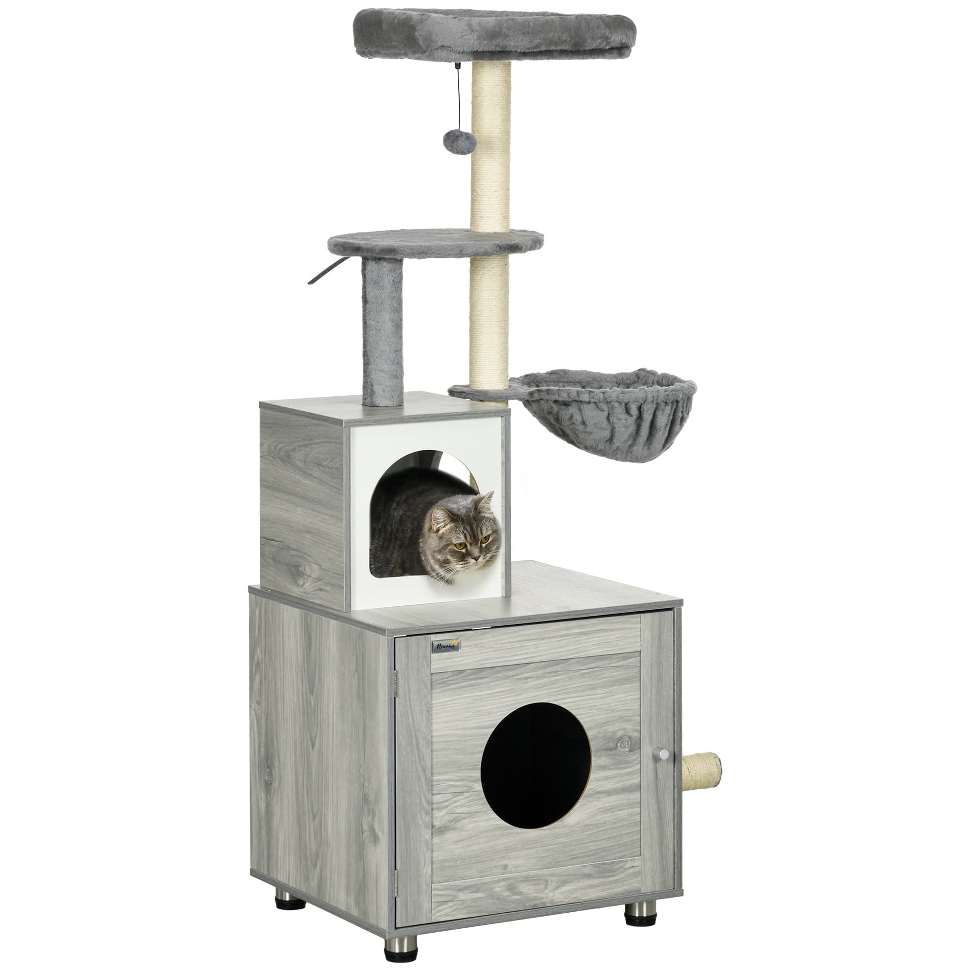 PawHut Cat Tree with Enclosed Litter Box, Grey