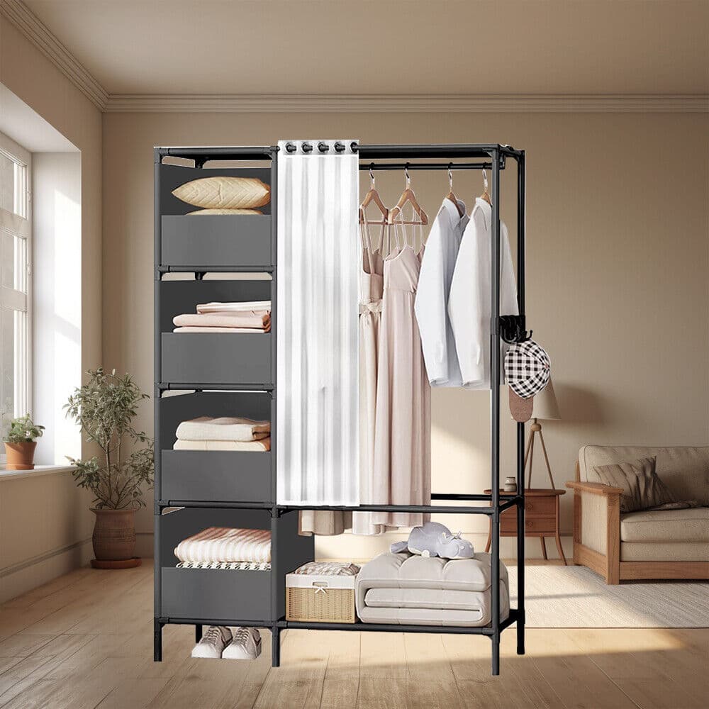 Freestanding Metal Wardrobe with Fabric Shelves and Curtain Rail - image 5