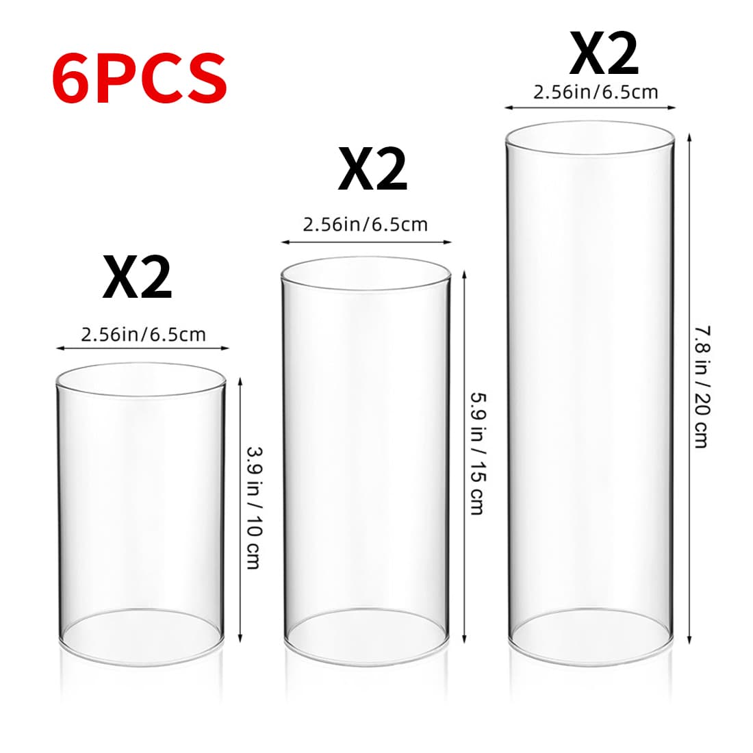 Set of 6 Clear Glass Cylinder Candle Holders in Three Heights - Default