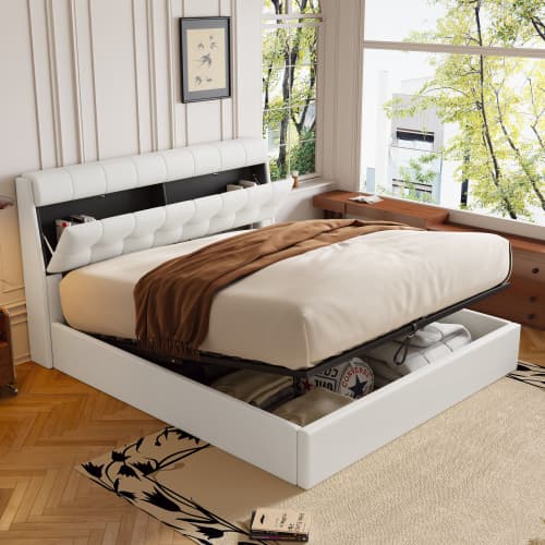 Upholstered Ottoman Bed with Hydraulic Storage & Headboard Compartment (4ft6 Double) - image 1