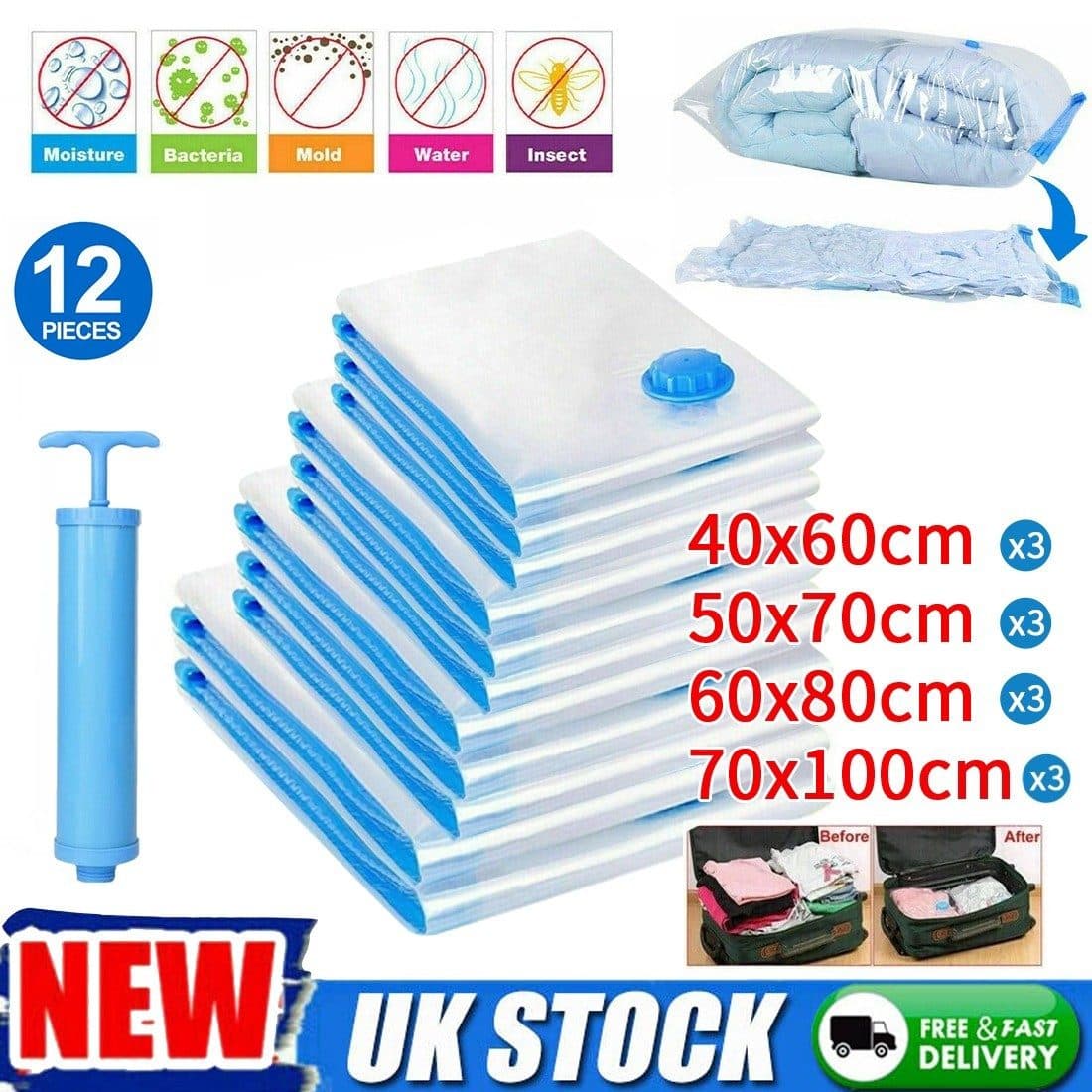 Set of 12 Vacuum Storage Bags in Four Sizes, Hand Pump Included - image 4
