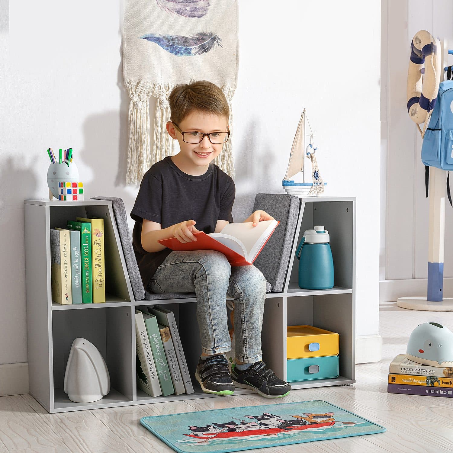 Grey Kids Storage Bookcase & Seat - image 5