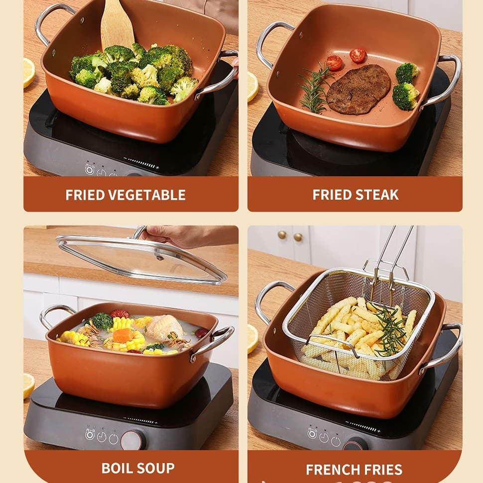 Square Copper Chip Pan with Frying Basket, Steamer Rack and Lid - image 7