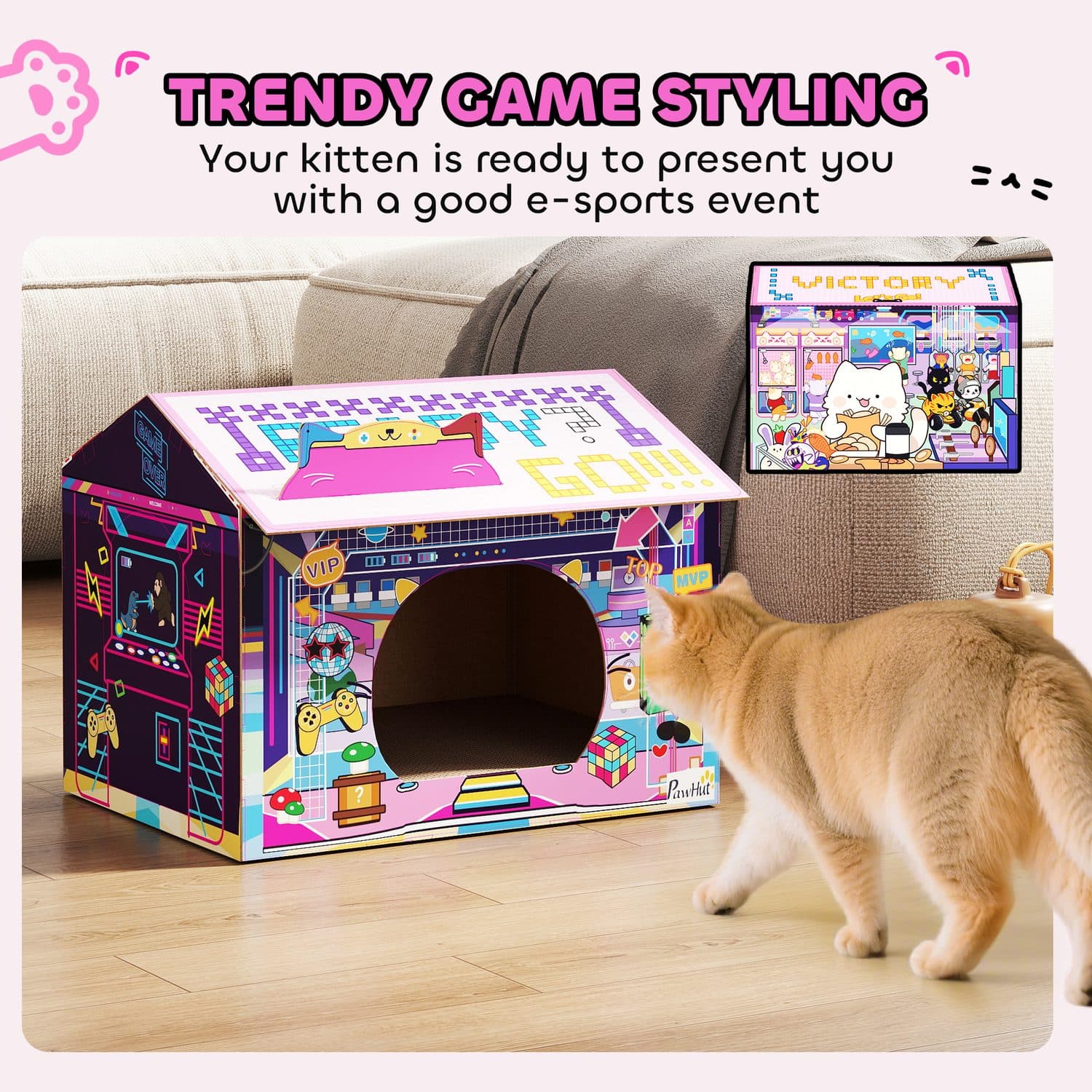PawHut Gaming Style Cardboard Cat House With Scratching Board - image 1