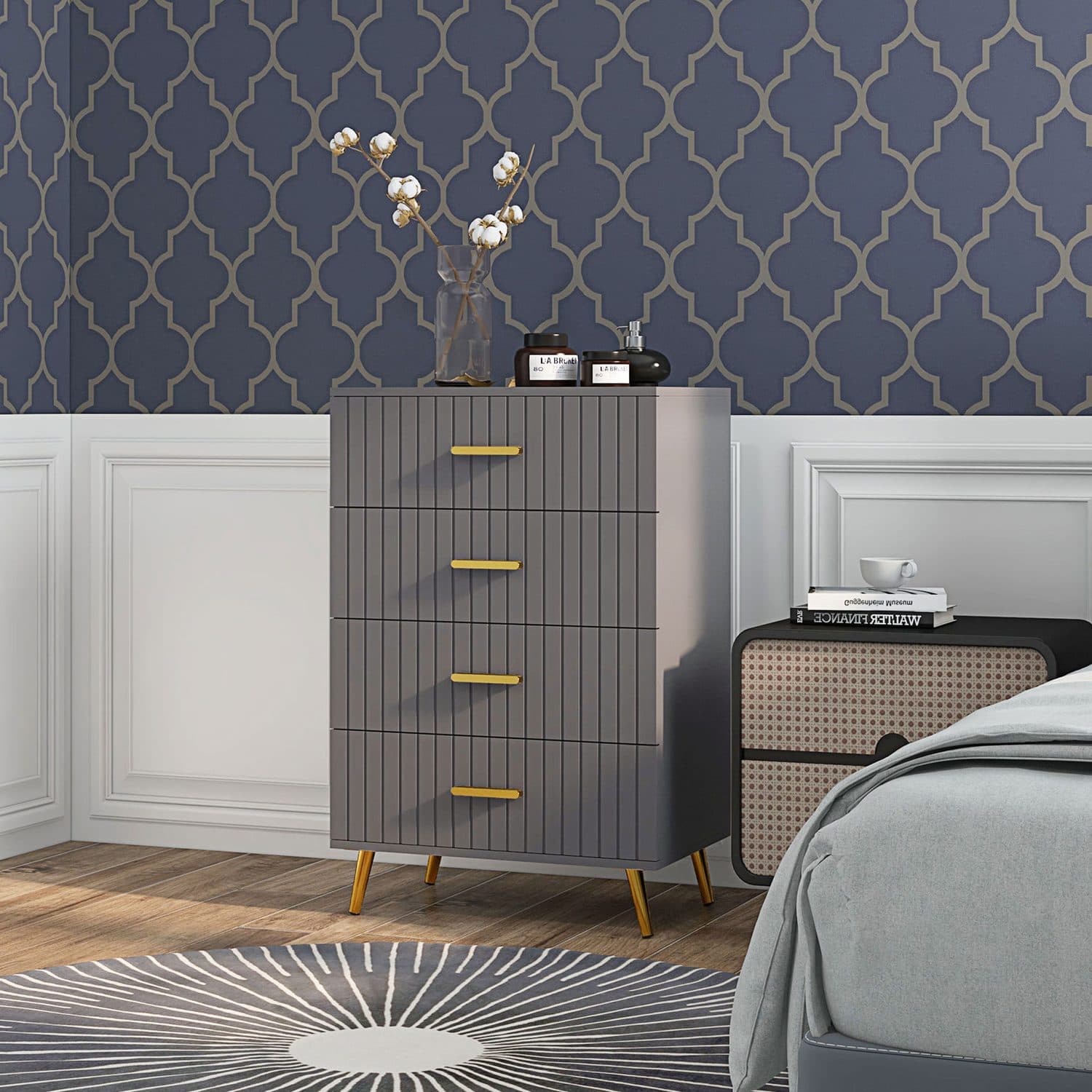 Grey Chest of Drawers with Ribbed Fronts and Gold Handles - image 3