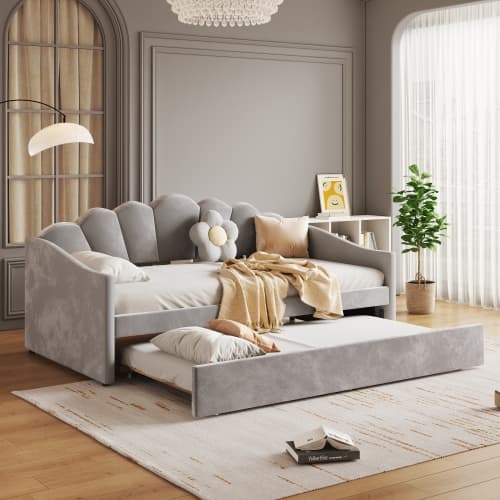 Upholstered 3ft Single Day Bed with Pull-Out Trundle in Grey Velvet - image 8