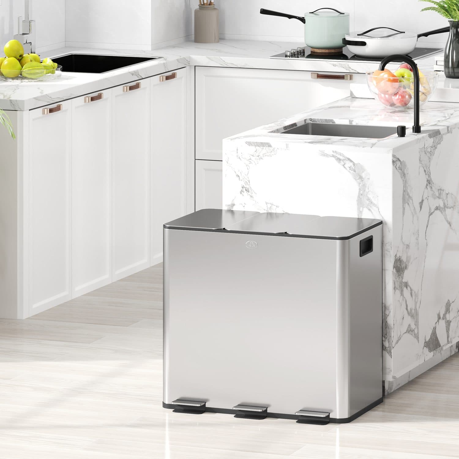 Triple Pedal Bin for Kitchen Waste Sorting, 45 L Total - image 2