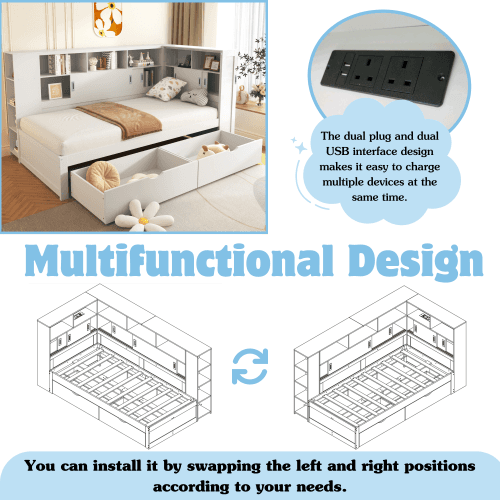 White Single Cabin Bed with Trundle, Storage and USB Ports - image 6