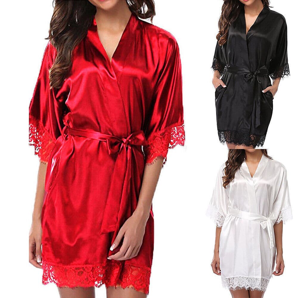 Black Satin Dressing Gown with Lace Trim — Lightweight Loungewear - image 2