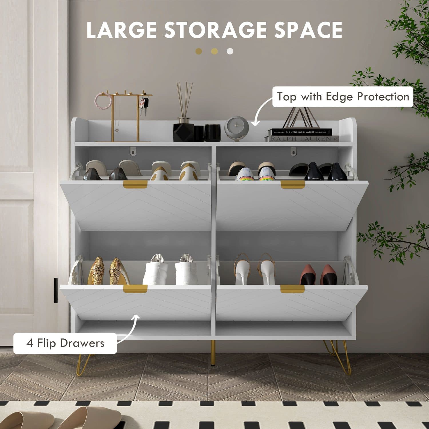 Slim White & Gold Shoe Cabinet for Clutter-Free Hallways - image 3