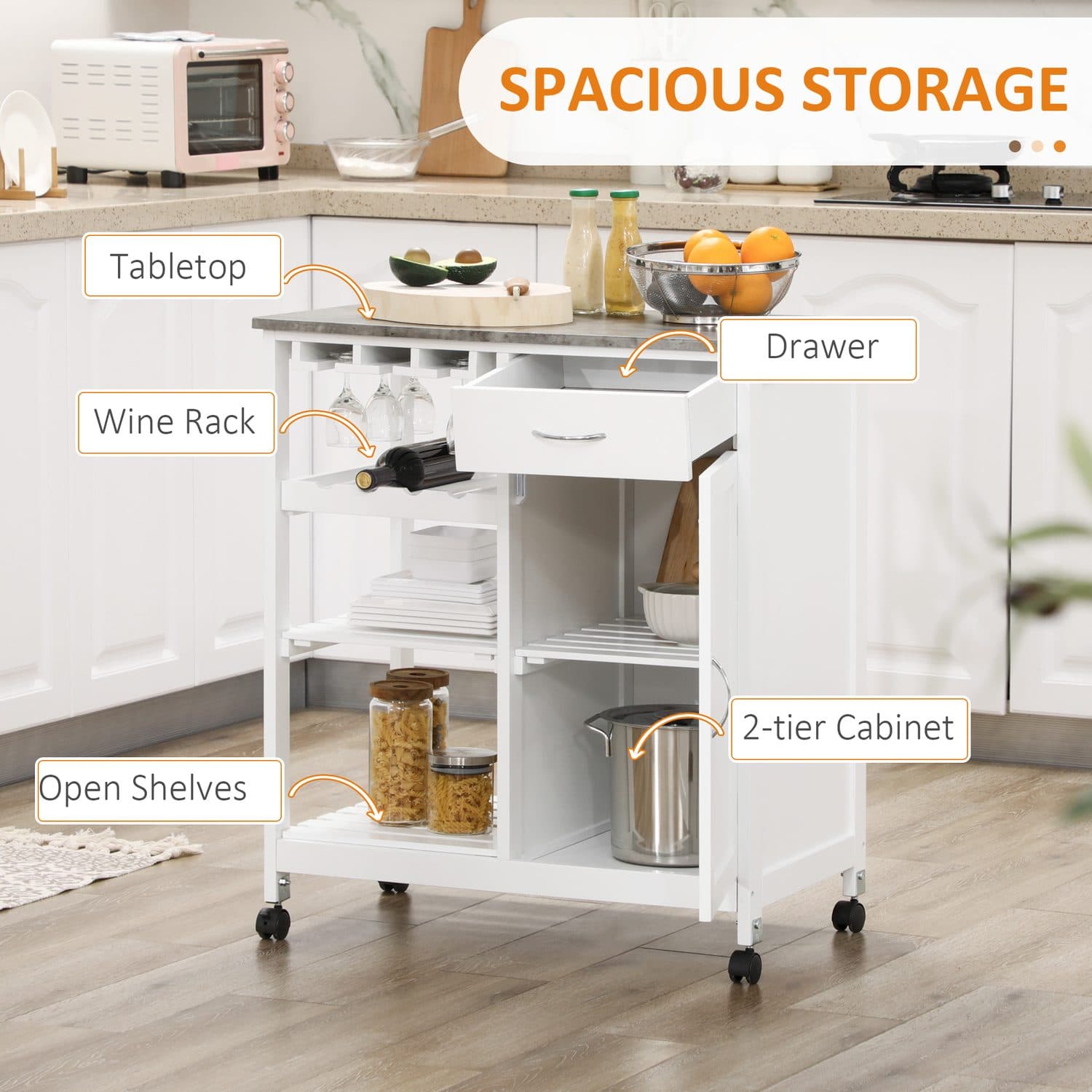 White Kitchen Trolley on Wheels with Wine Rack, Drawer and Cabinet - image 1