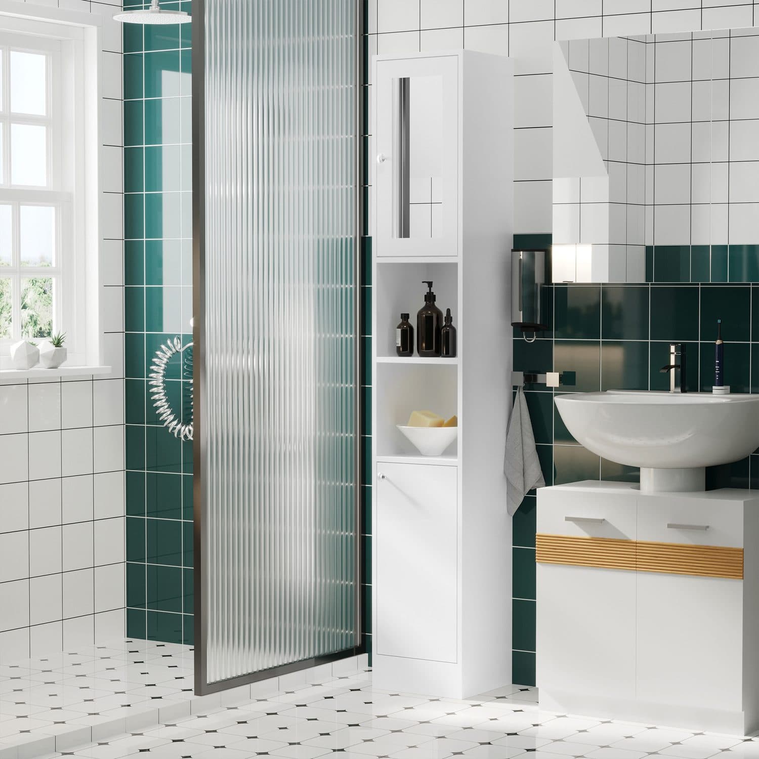 White Tall Bathroom Cabinet with Mirror Door - image 4