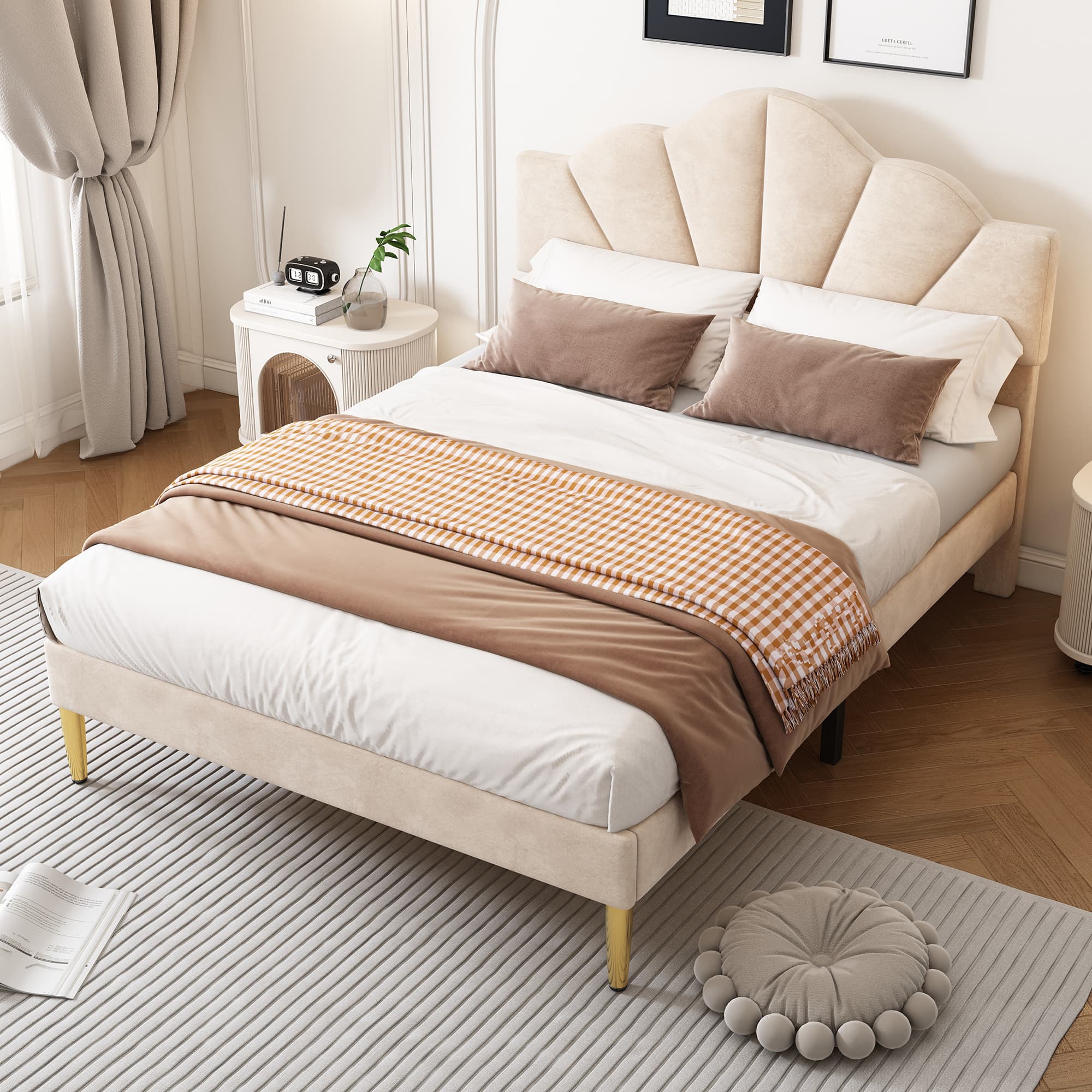 Velvet Upholstered Double Bed with Shell Headboard in Beige (4ft6) - image 4