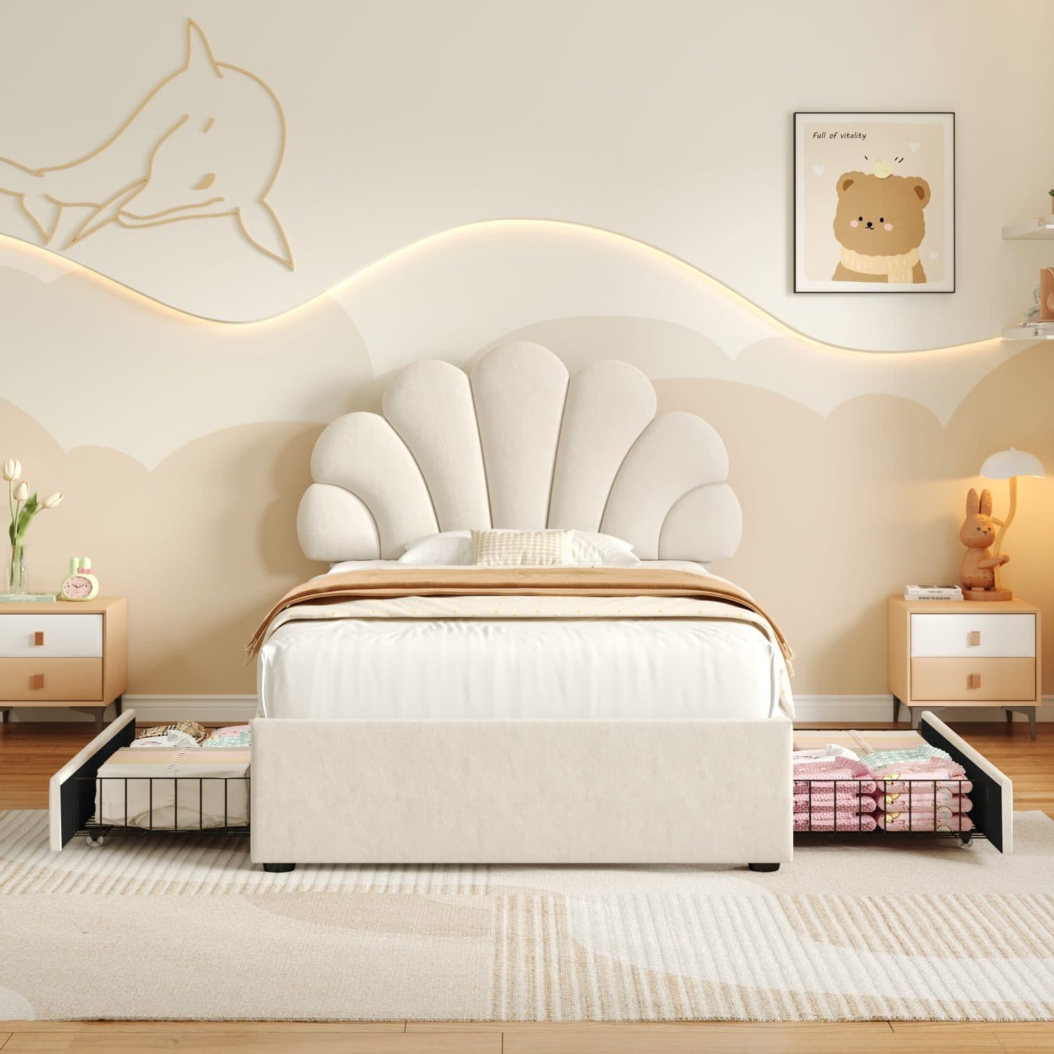 Beige Velvet Single Petal Bed with Effortless Storage - image 1