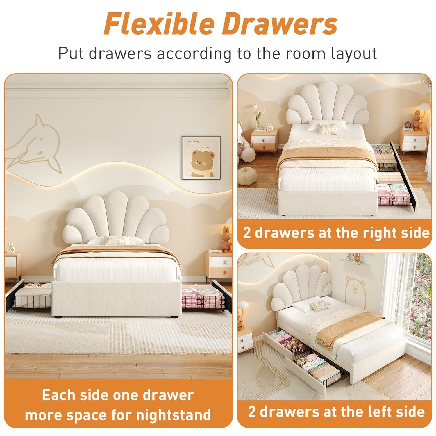 Beige Velvet Single Petal Bed with Effortless Storage - image 2