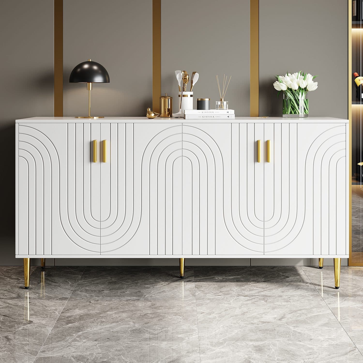 A white wave sideboard with polished gold detail - White