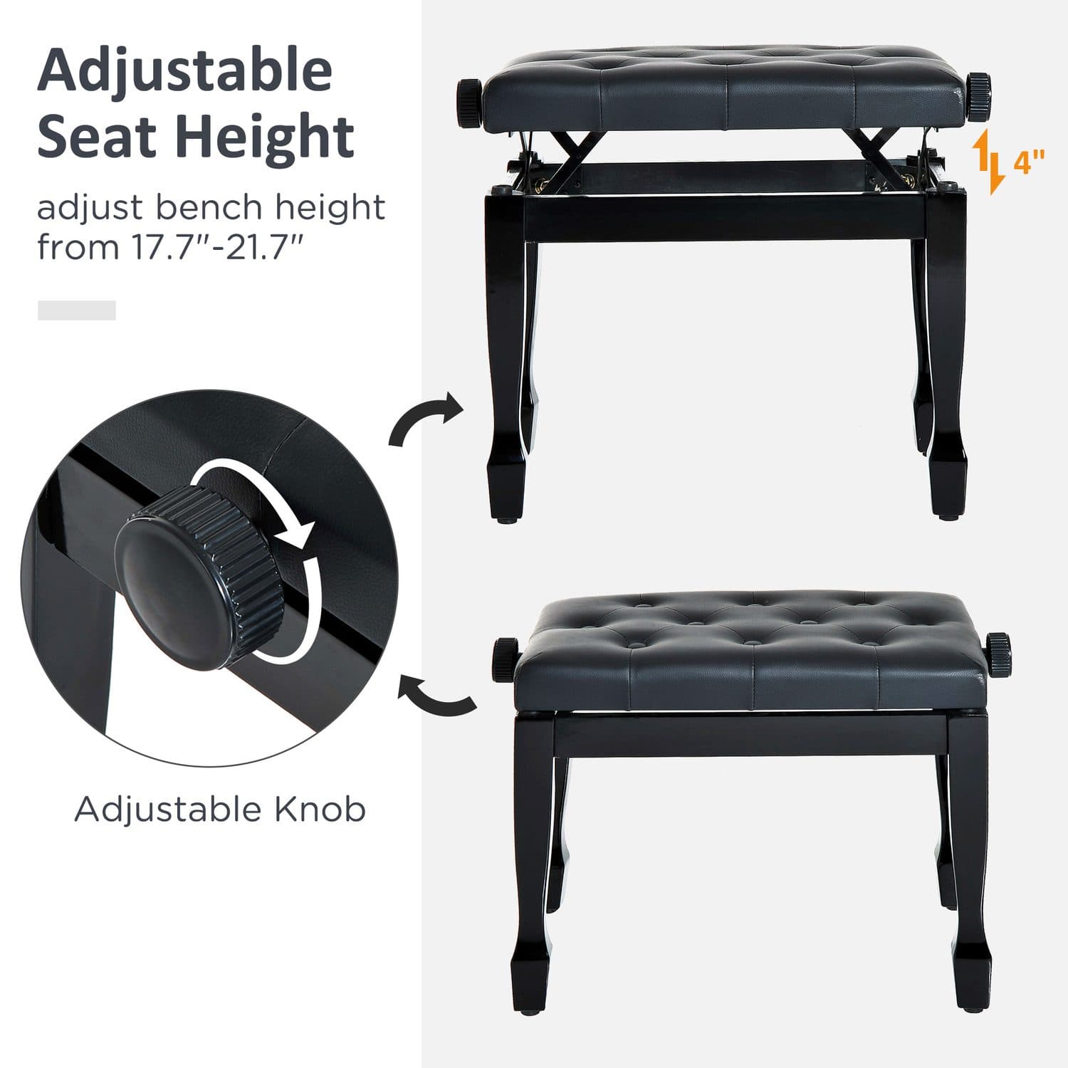 Height Adjustable Tufted Piano Stool & Dressing Bench - image 4
