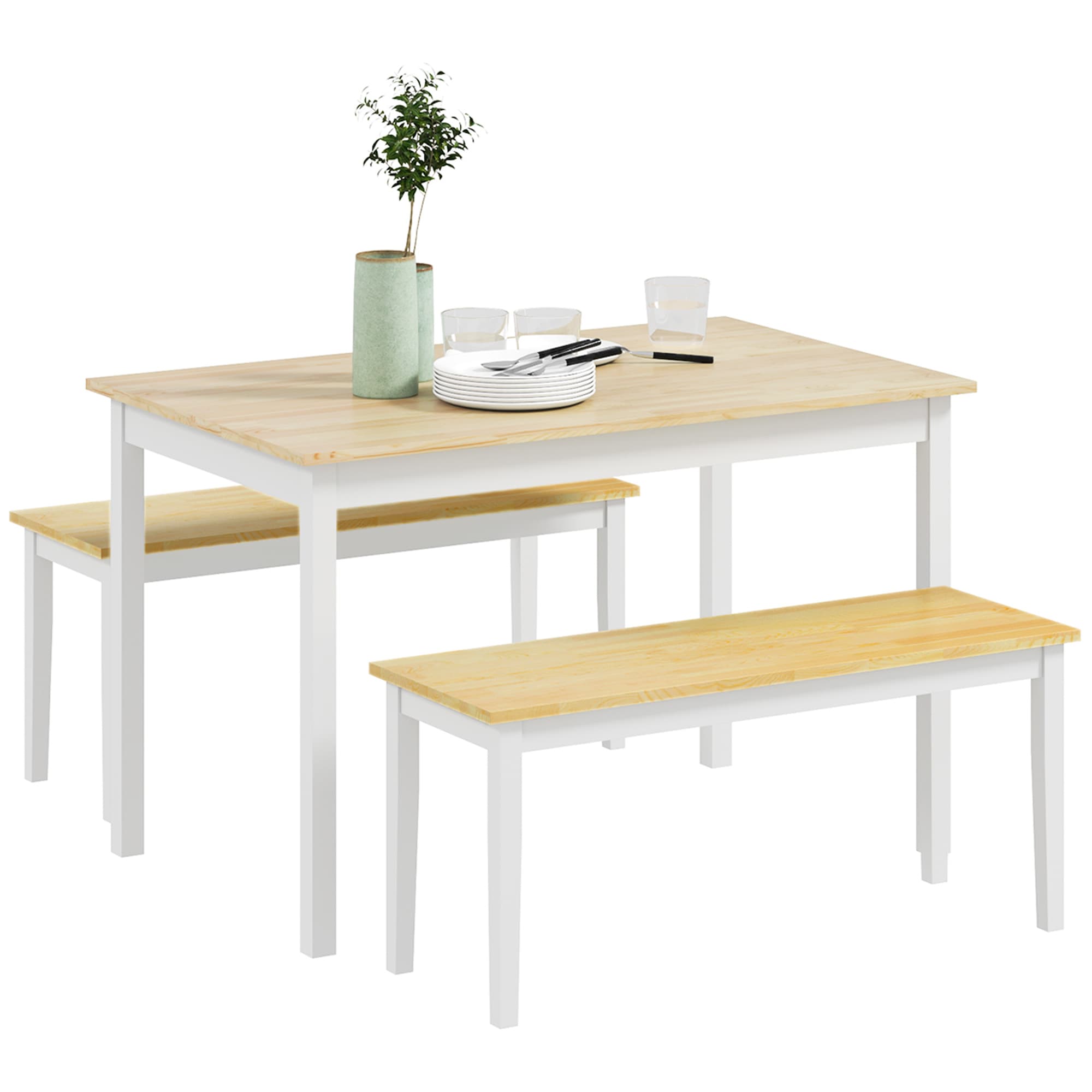 Pine Dining Table and Bench Set in Natural and White