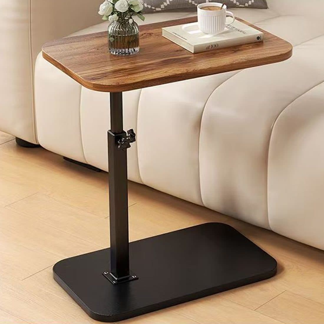 Adjustable Walnut C-Shaped Table for Sofa and Bed
