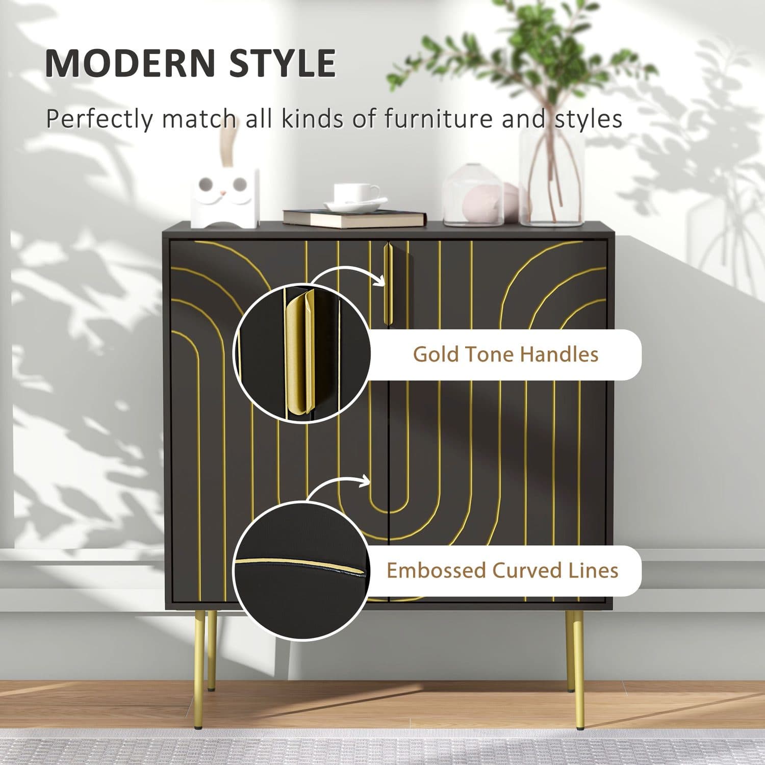 Black and gold Art Deco sideboard in a UK sitting room