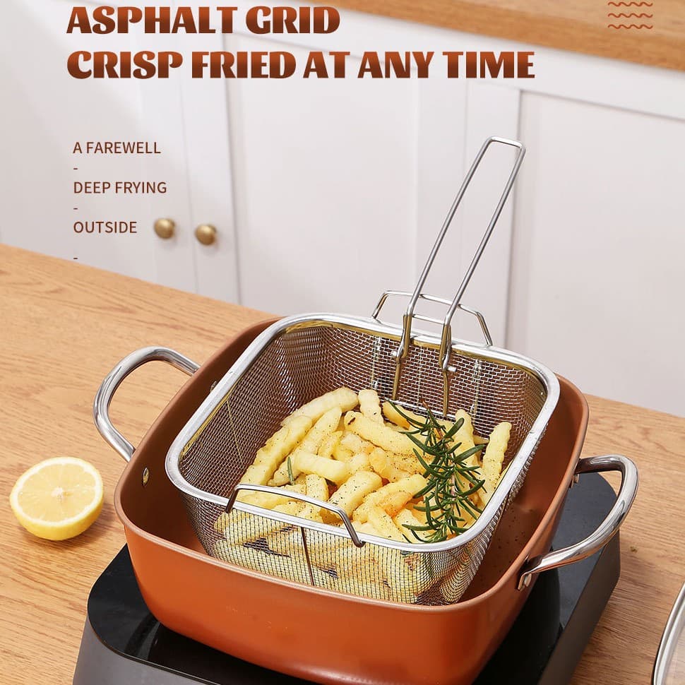 Square Copper Chip Pan with Frying Basket, Steamer Rack and Lid - image 6