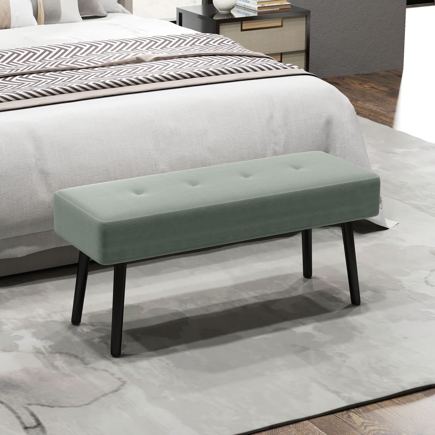 Tufted Corduroy Bench in Sage Green for Bedroom or Hallway - image 1