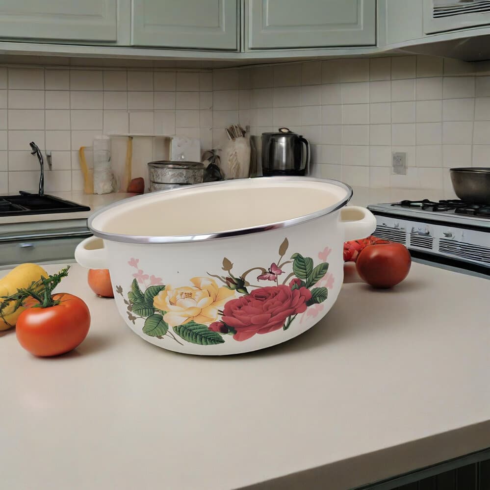 Graduated Enamel Stockpot Set with Rose Floral Design - image 7