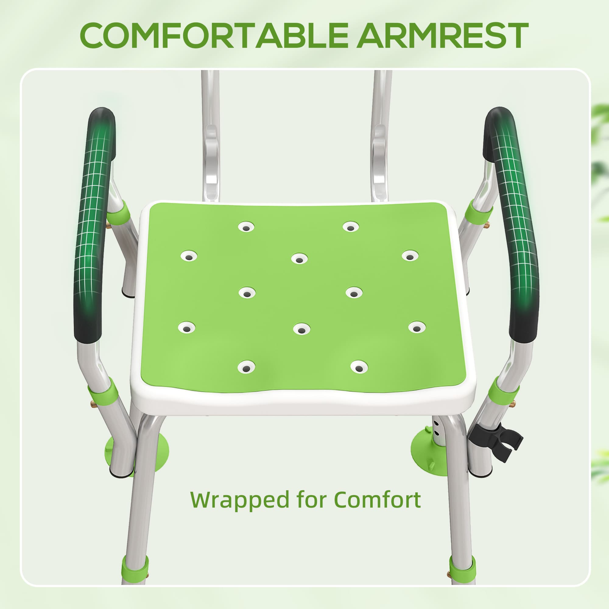 A height-adjustable aluminium shower chair with armrests and a green back panel, set up in a tiled UK bathroom.